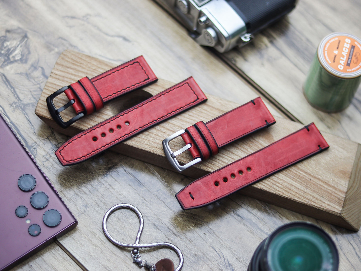 PRISMATIC RED HAND-CRAFTED WATCH STRAPS - BOX STITCHED