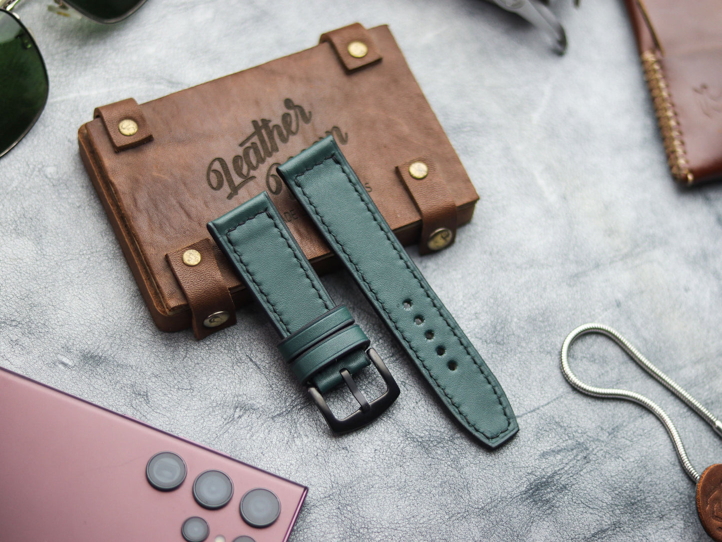 SACRAMENTO GREEN HAND-CRAFTED WATCH STRAPS - BOX STITCHED