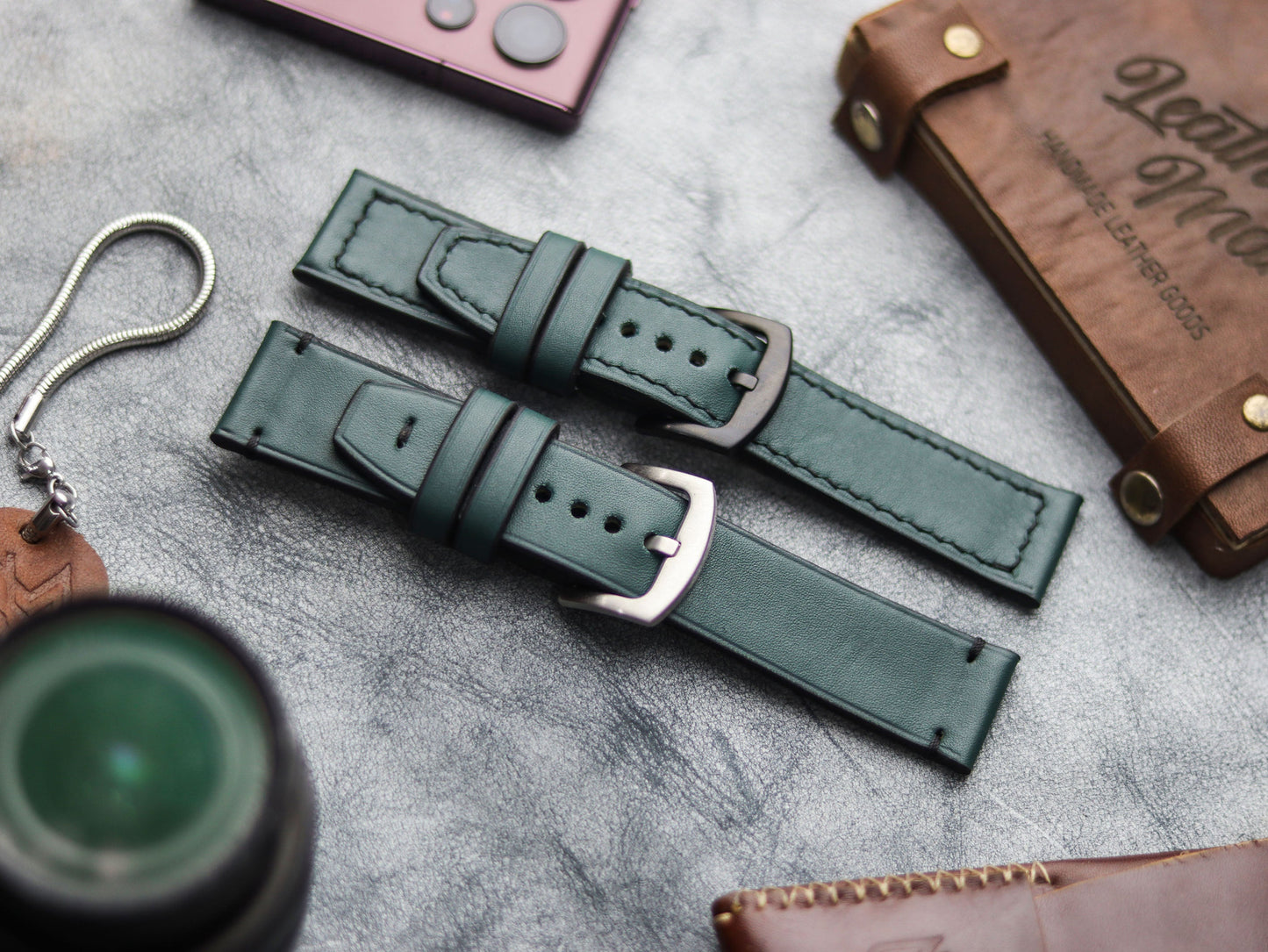 SACRAMENTO GREEN HAND-CRAFTED WATCH STRAPS - BOX STITCHED