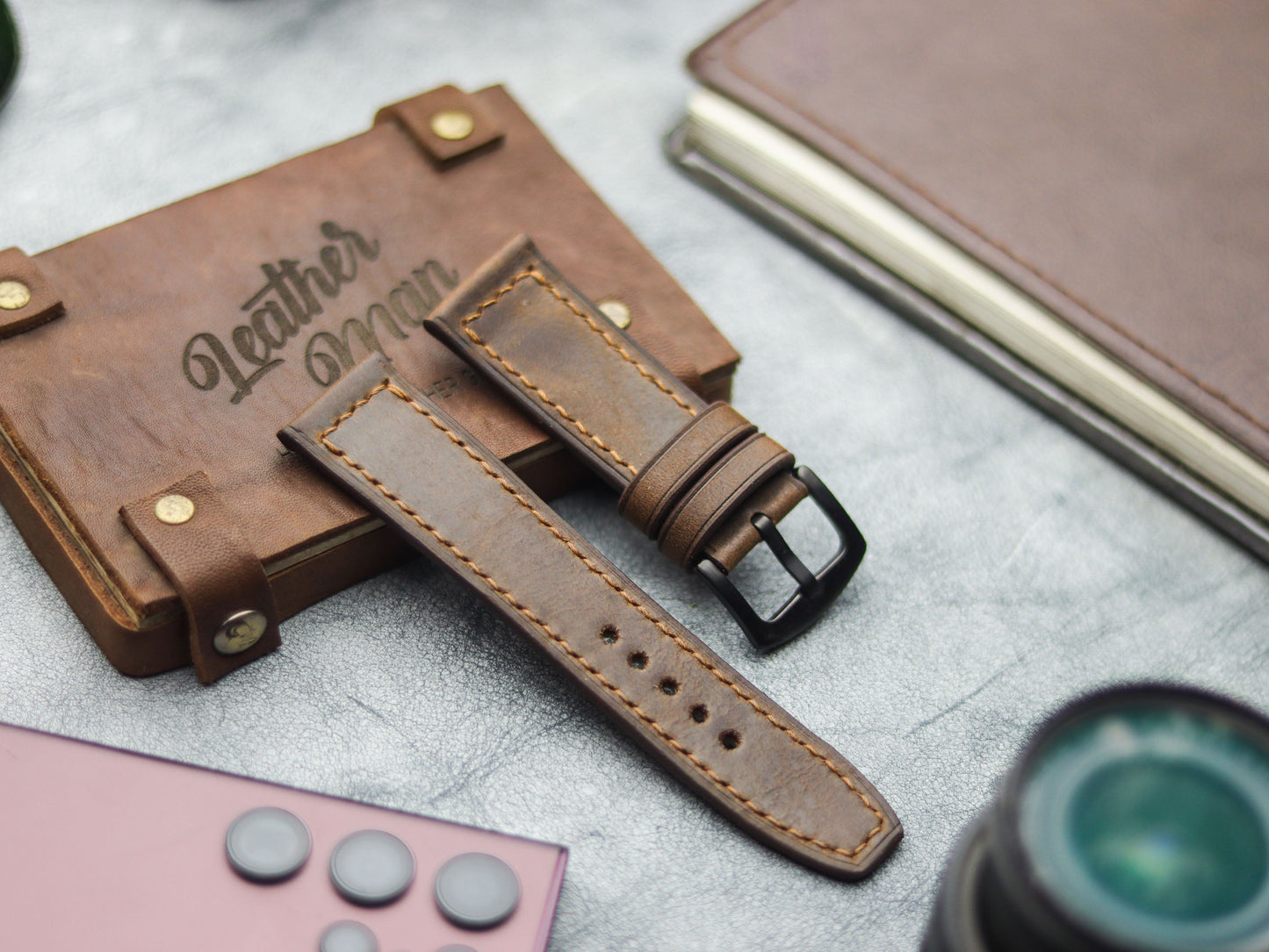 WOOD BROWN HAND-CRAFTED WATCH STRAPS - BOX STITCHED