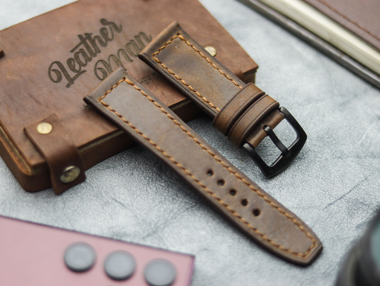 WOOD BROWN HAND-CRAFTED WATCH STRAPS - BOX STITCHED