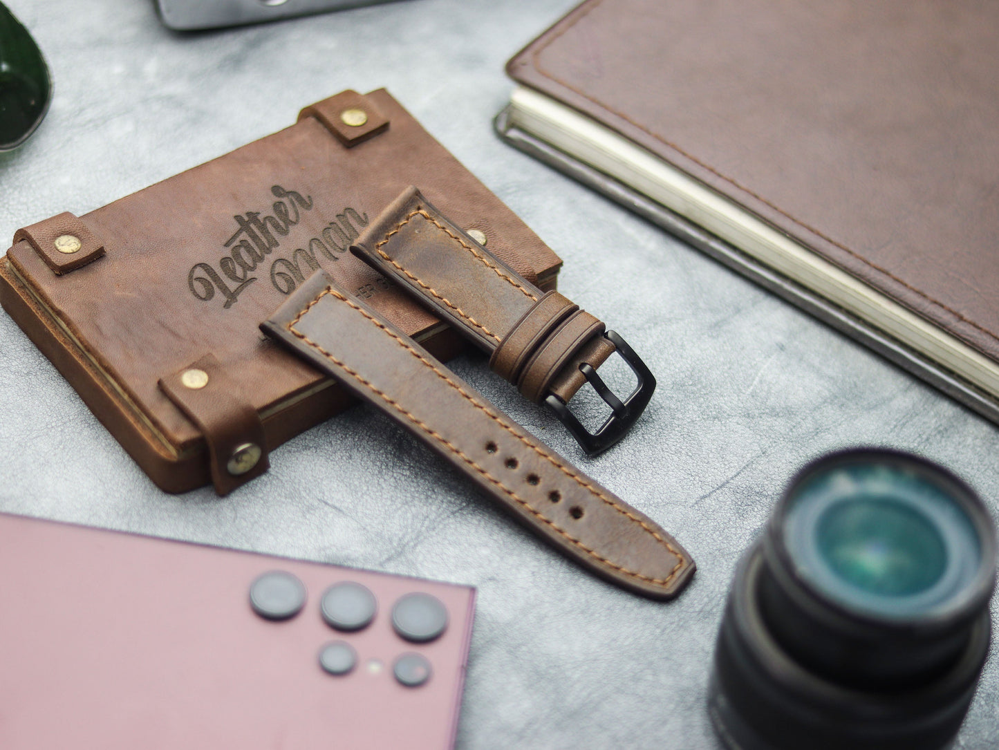 WOOD BROWN HAND-CRAFTED WATCH STRAPS - BOX STITCHED