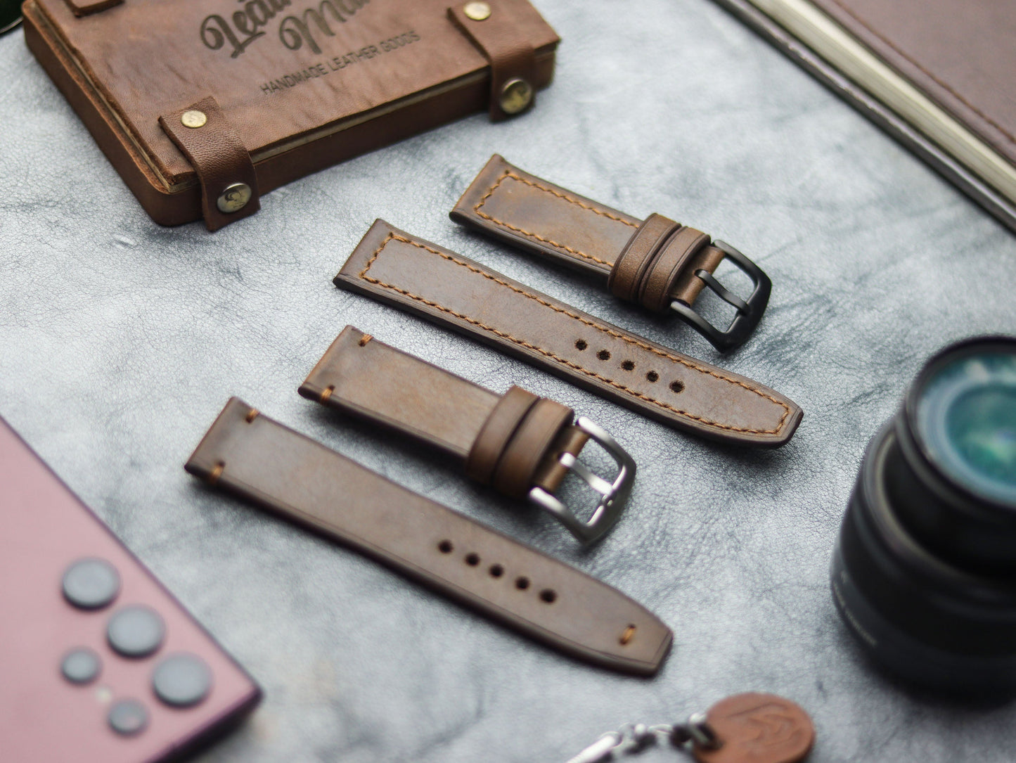 WOOD BROWN HAND-CRAFTED WATCH STRAPS - BOX STITCHED