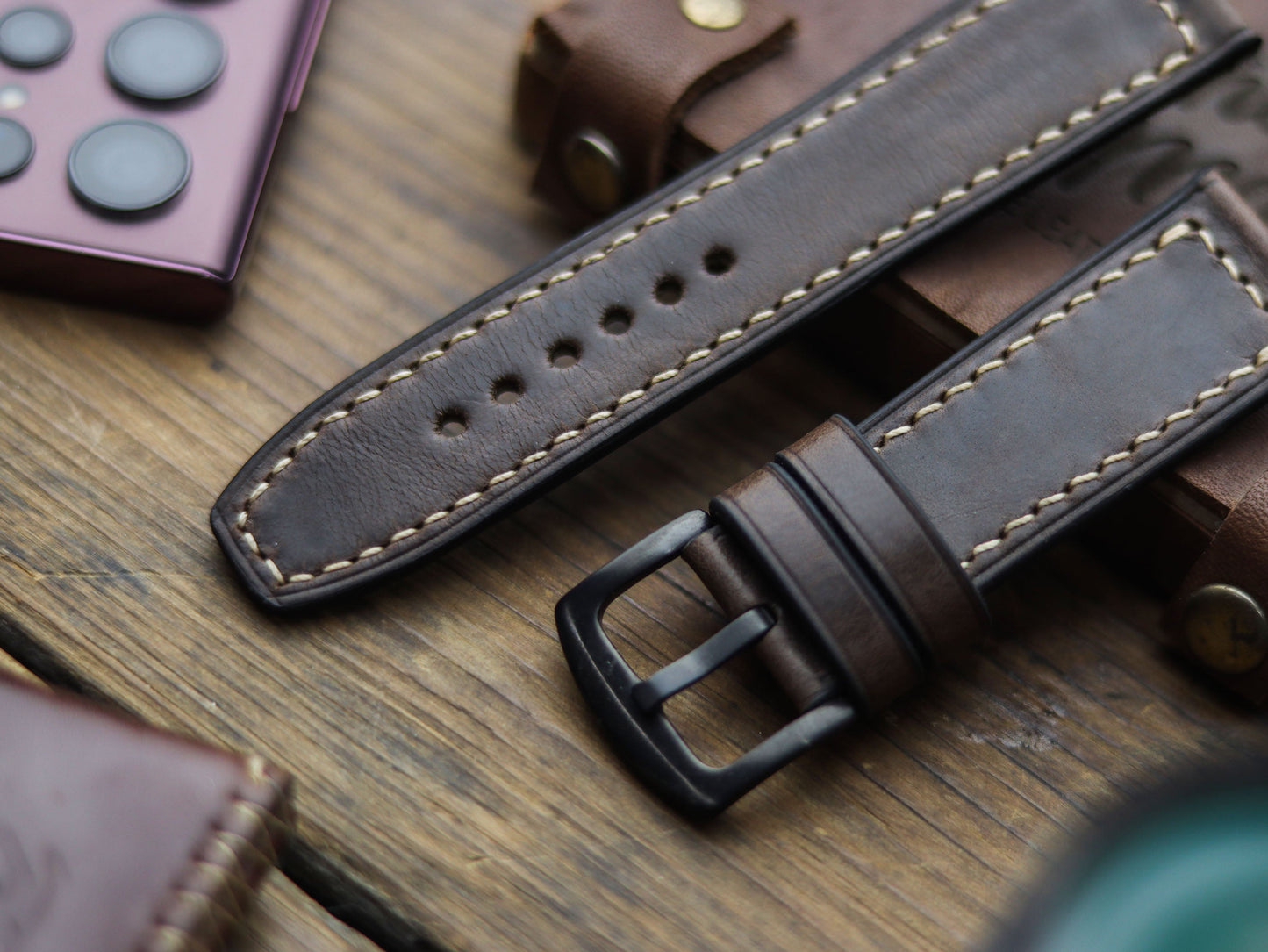 WALNUT BROWN HAND-CRAFTED WATCH STRAPS - BOX STITCHED