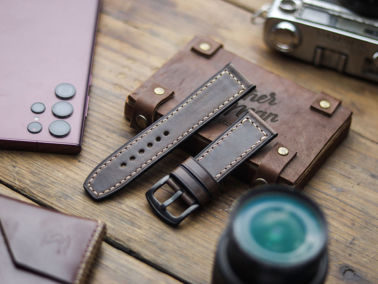 WALNUT BROWN HAND-CRAFTED WATCH STRAPS - BOX STITCHED
