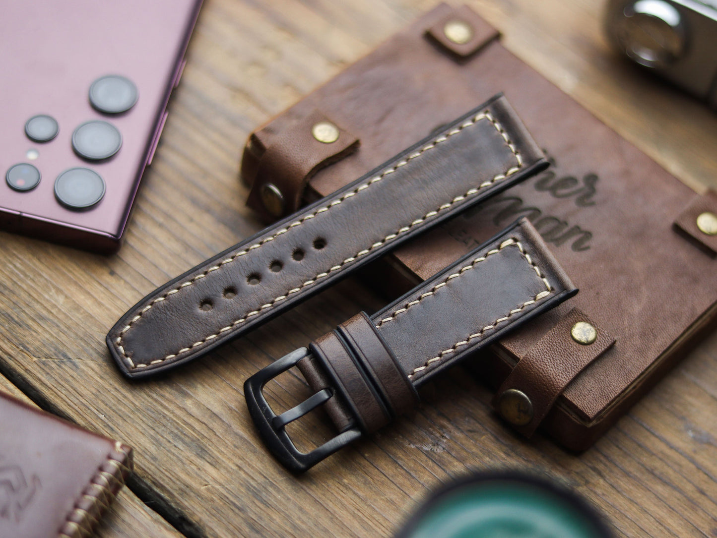 WALNUT BROWN HAND-CRAFTED WATCH STRAPS - BOX STITCHED
