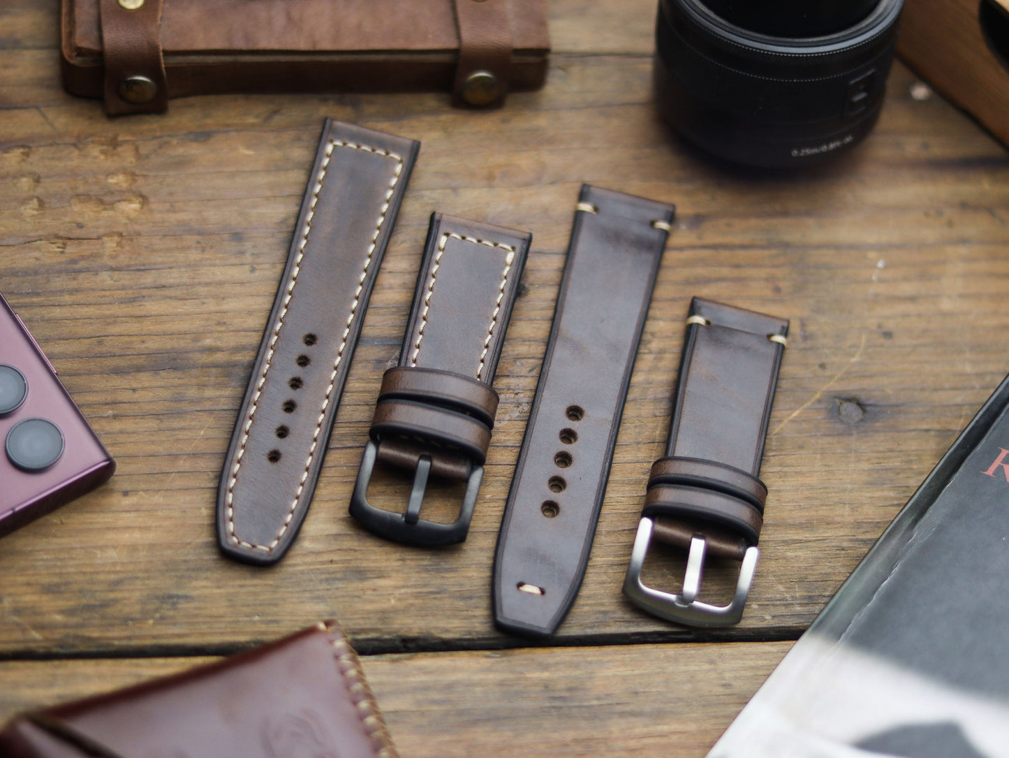 WALNUT BROWN HAND-CRAFTED WATCH STRAPS - BOX STITCHED