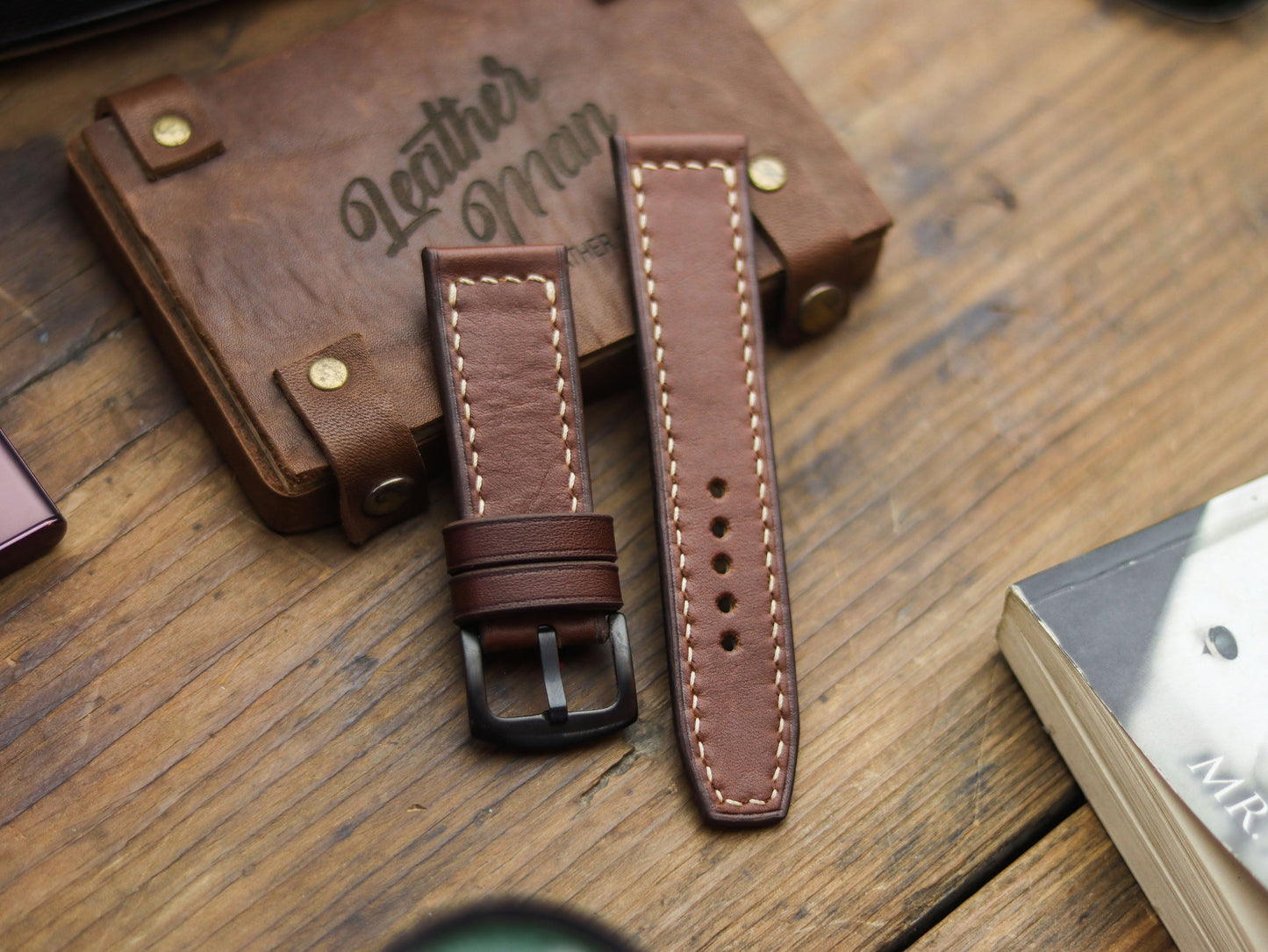 CHESTNUT BROWN HAND-CRAFTED WATCH STRAPS - BOX STITCHED