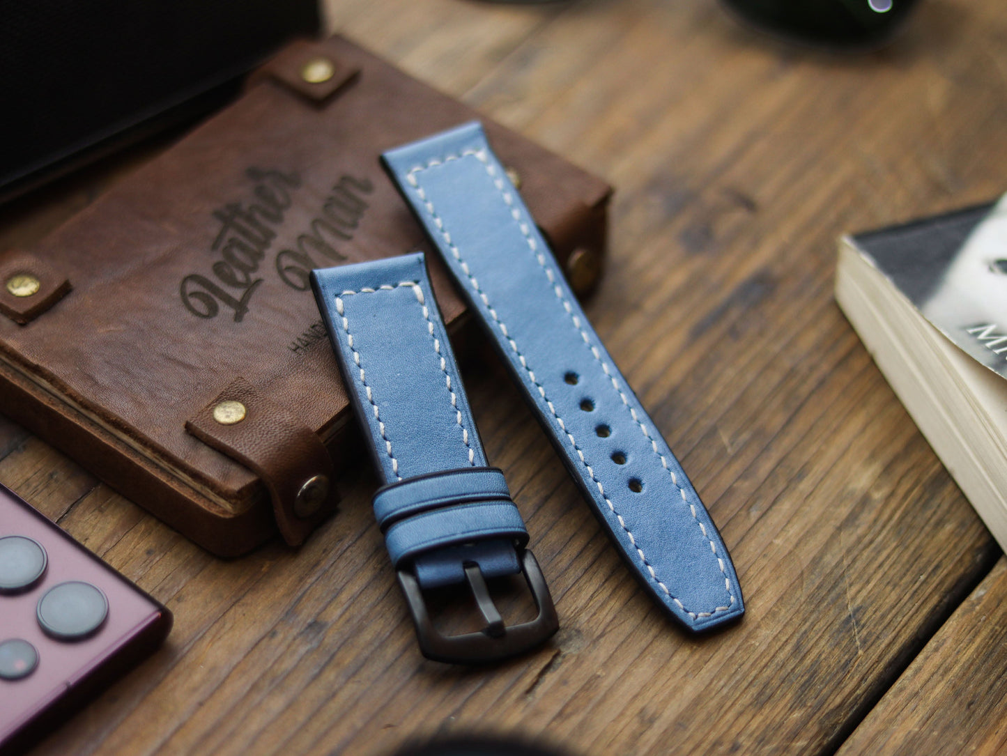 CAROLINE BLUE HAND-CRAFTED WATCH STRAPS - BOX STITCHED