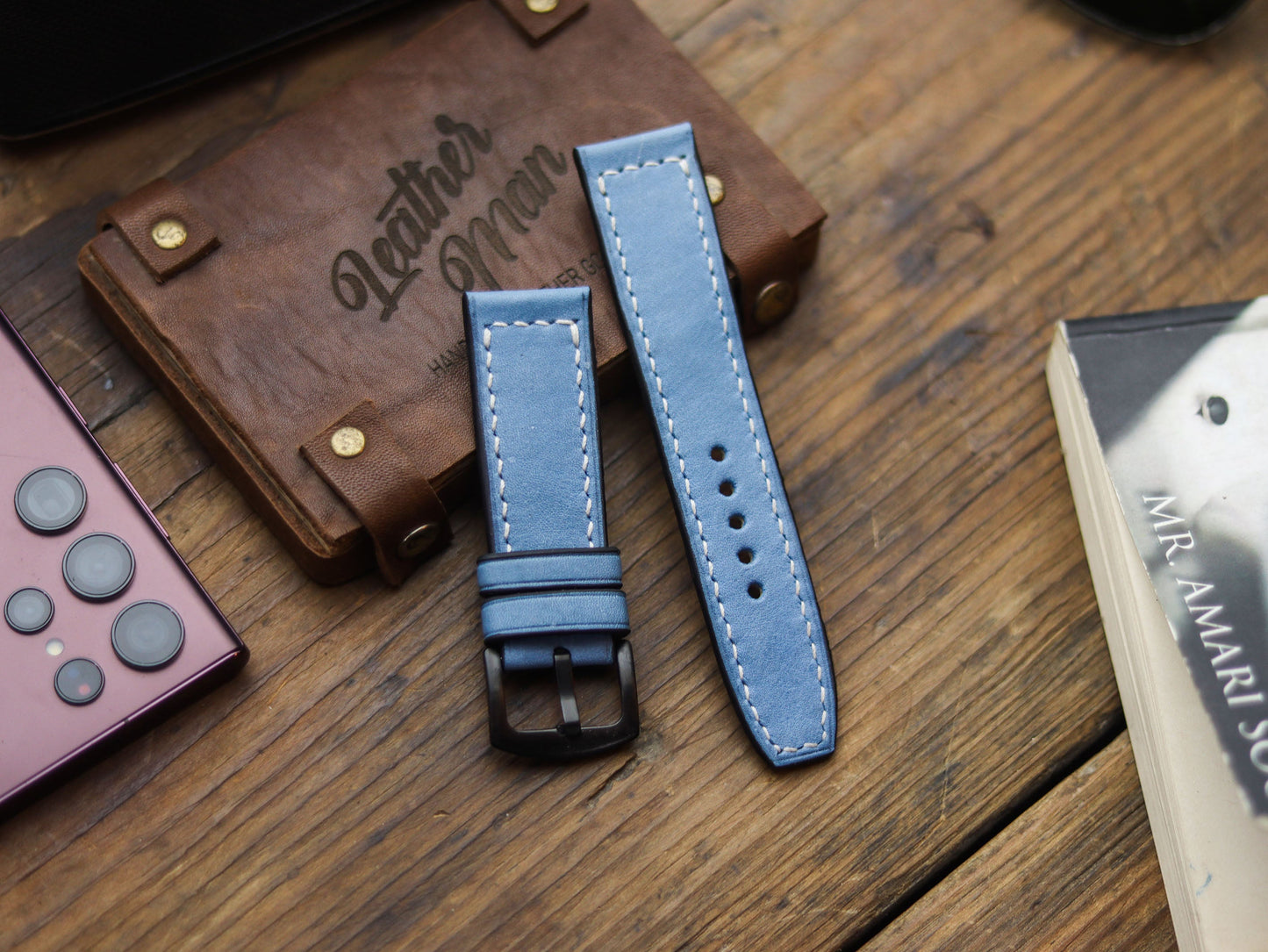 CAROLINE BLUE HAND-CRAFTED WATCH STRAPS - BOX STITCHED