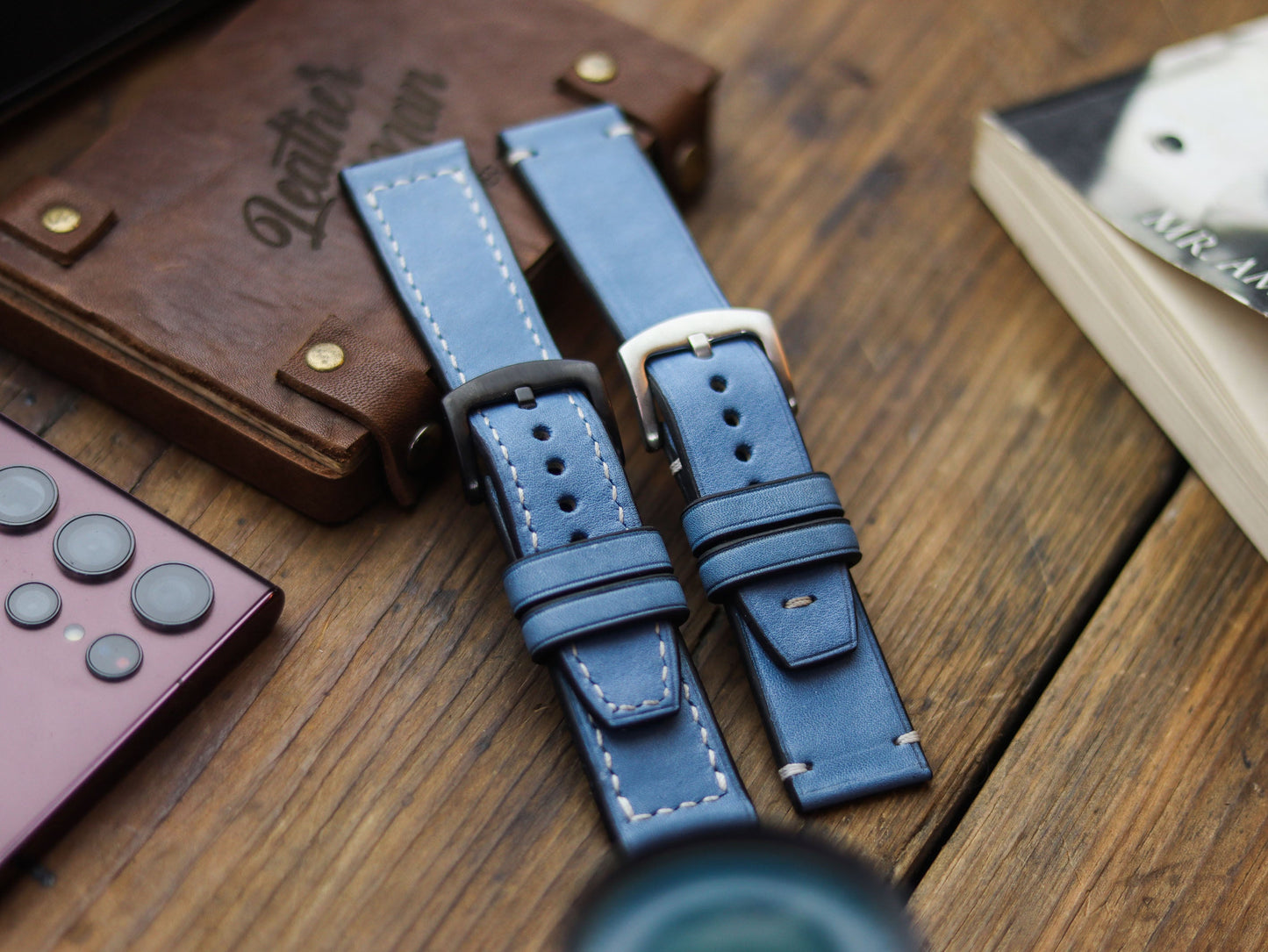 CAROLINE BLUE HAND-CRAFTED WATCH STRAPS - BOX STITCHED