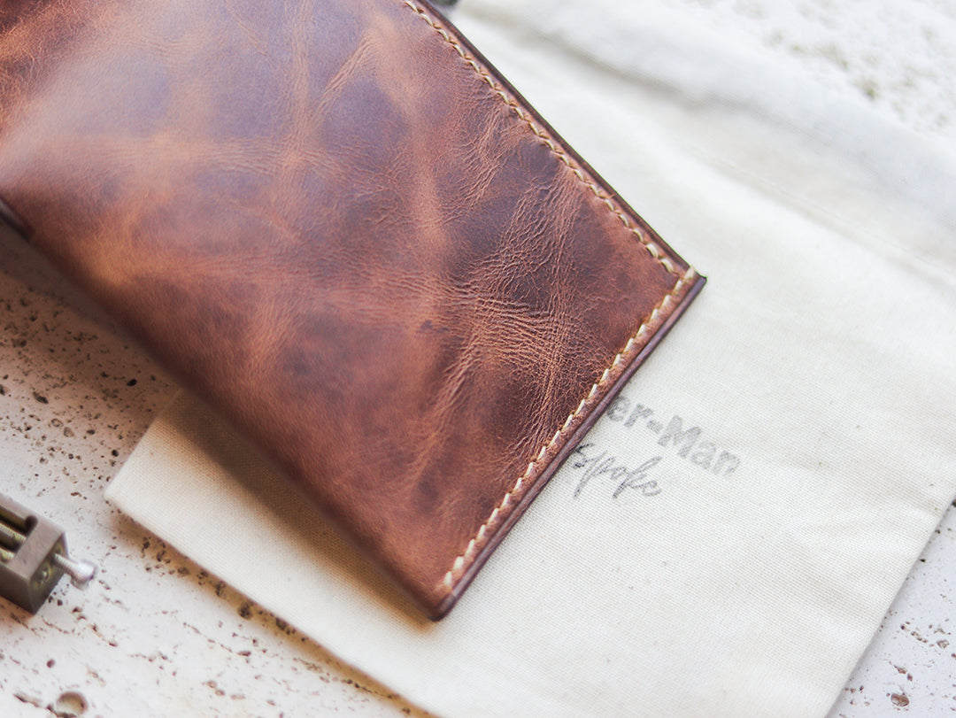 ATTICUS - Rusty Brown Veg Tan Waxed Pull Up Leather
