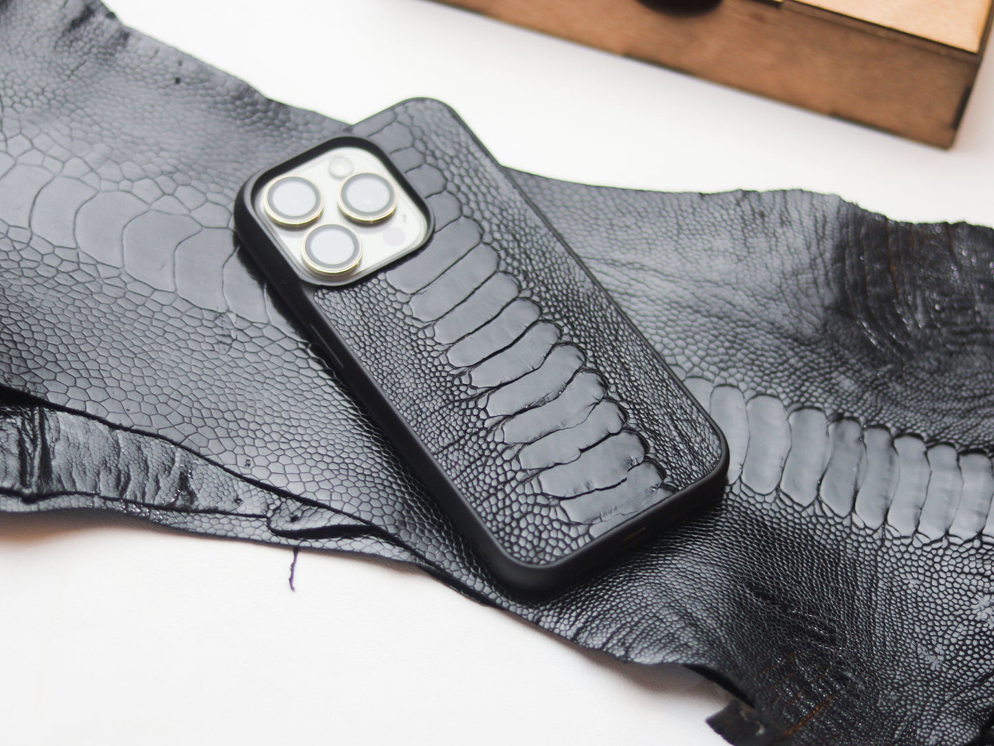 RAVEN BLACK OSTRICH LEG SKIN PHONE CASE