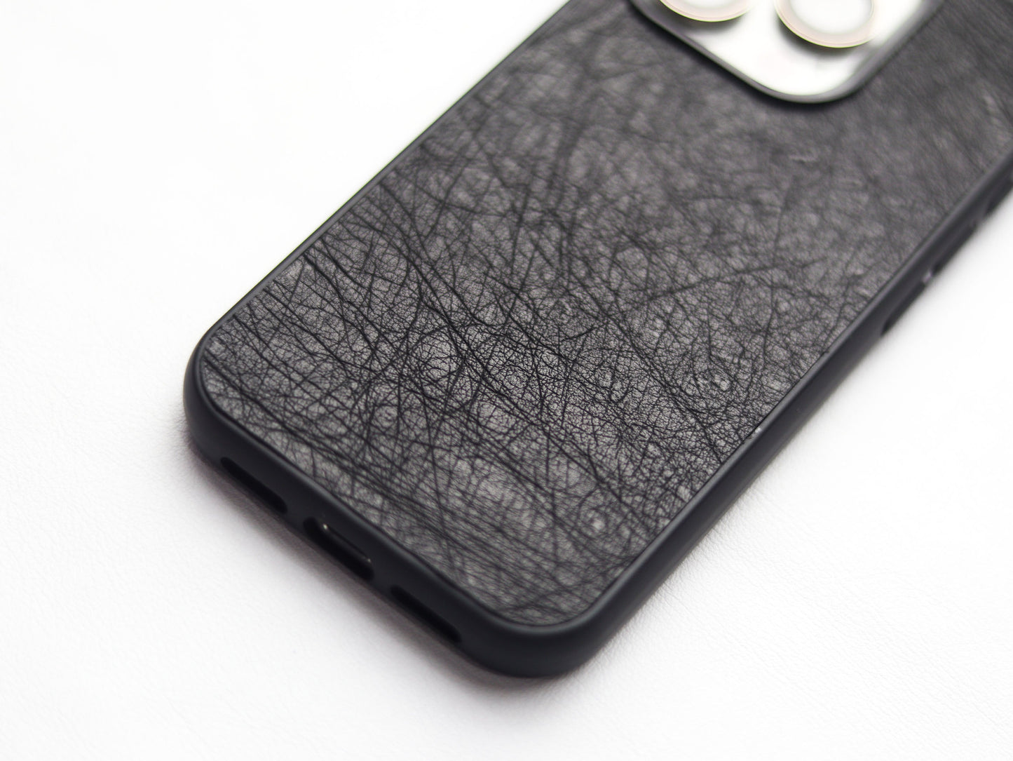 RAVEN BLACK OSTRICH SKIN PHONE CASE (NON-FOLLICLE)
