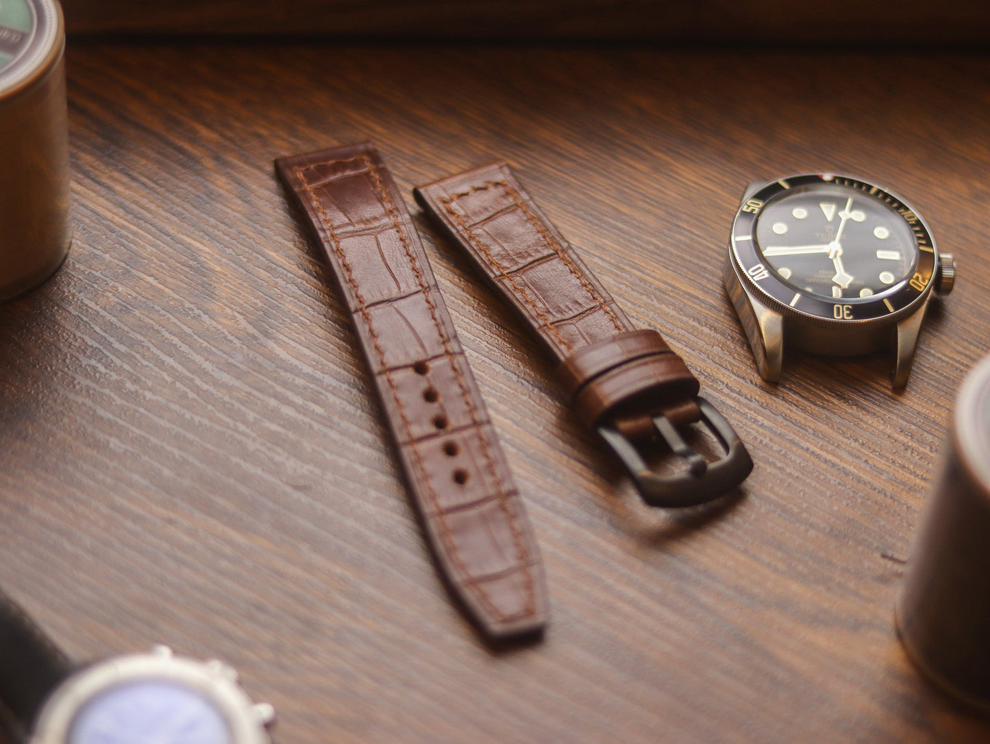 BROWN CROCO HAND-CRAFTED WATCH STRAPS - BOX STITCHED U-TAIL