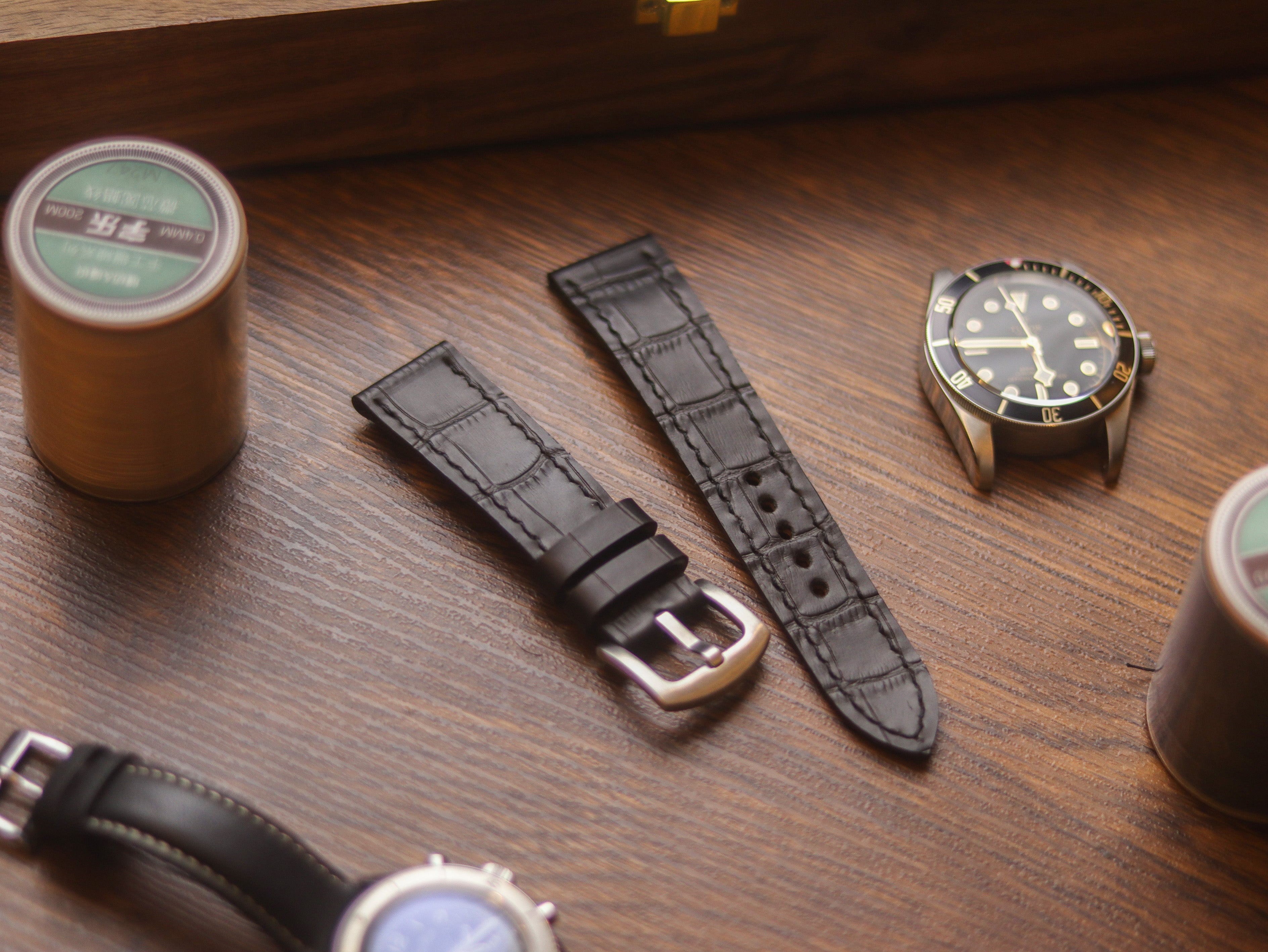 BLACK CROCO HAND-CRAFTED WATCH STRAPS - FULL STITCHED