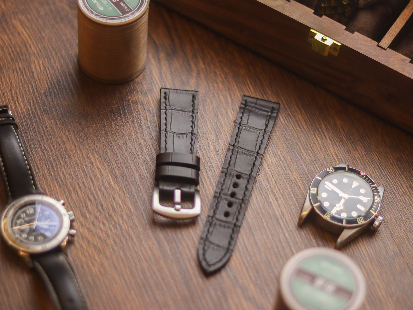 BLACK CROCO HAND-CRAFTED WATCH STRAPS - FULL STITCHED