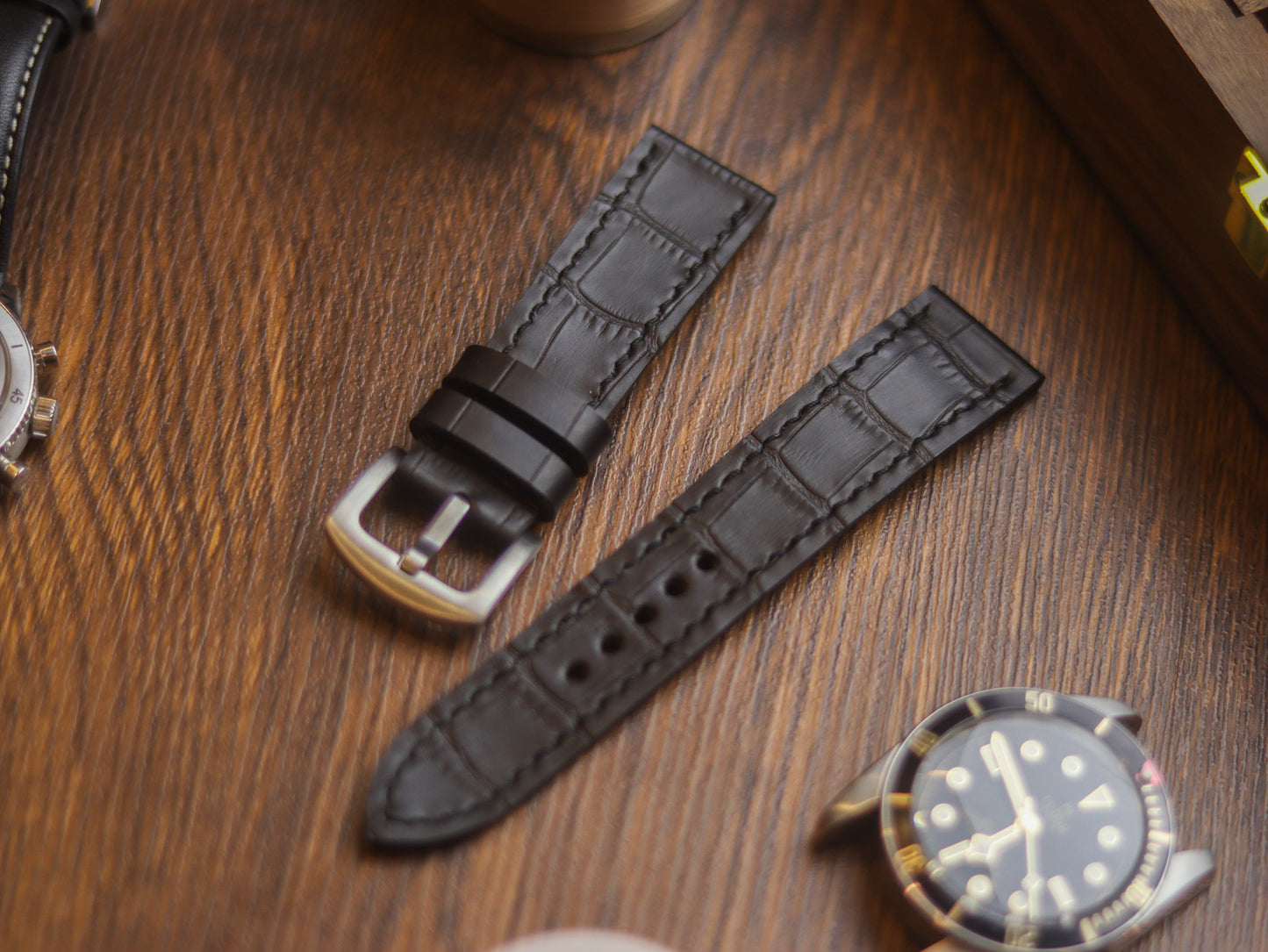 BLACK CROCO HAND-CRAFTED WATCH STRAPS - FULL STITCHED