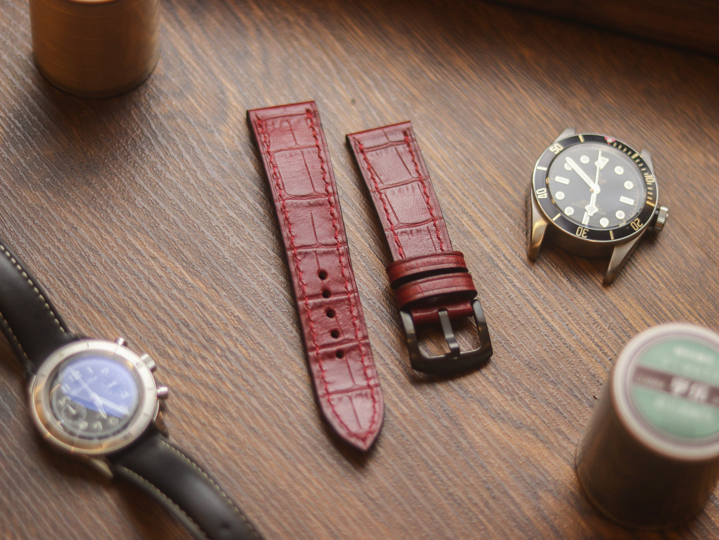 BURGUNDY CROCO HAND-CRAFTED WATCH STRAPS - FULL STITCHED
