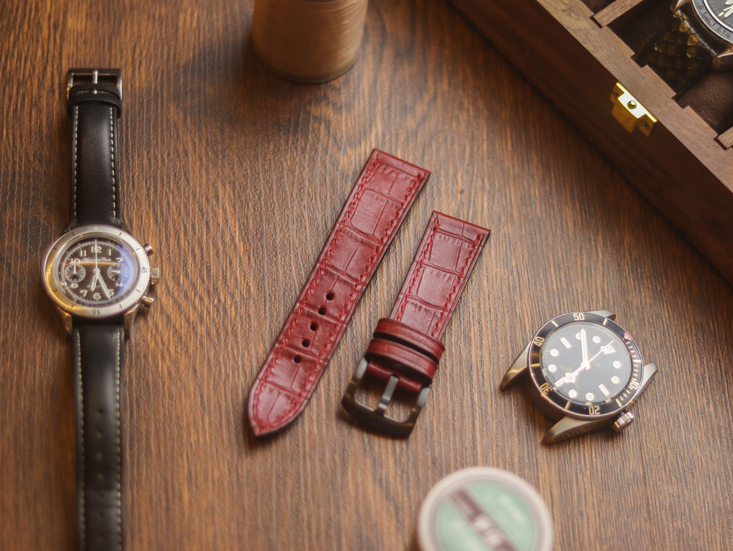 BURGUNDY CROCO HAND-CRAFTED WATCH STRAPS - FULL STITCHED
