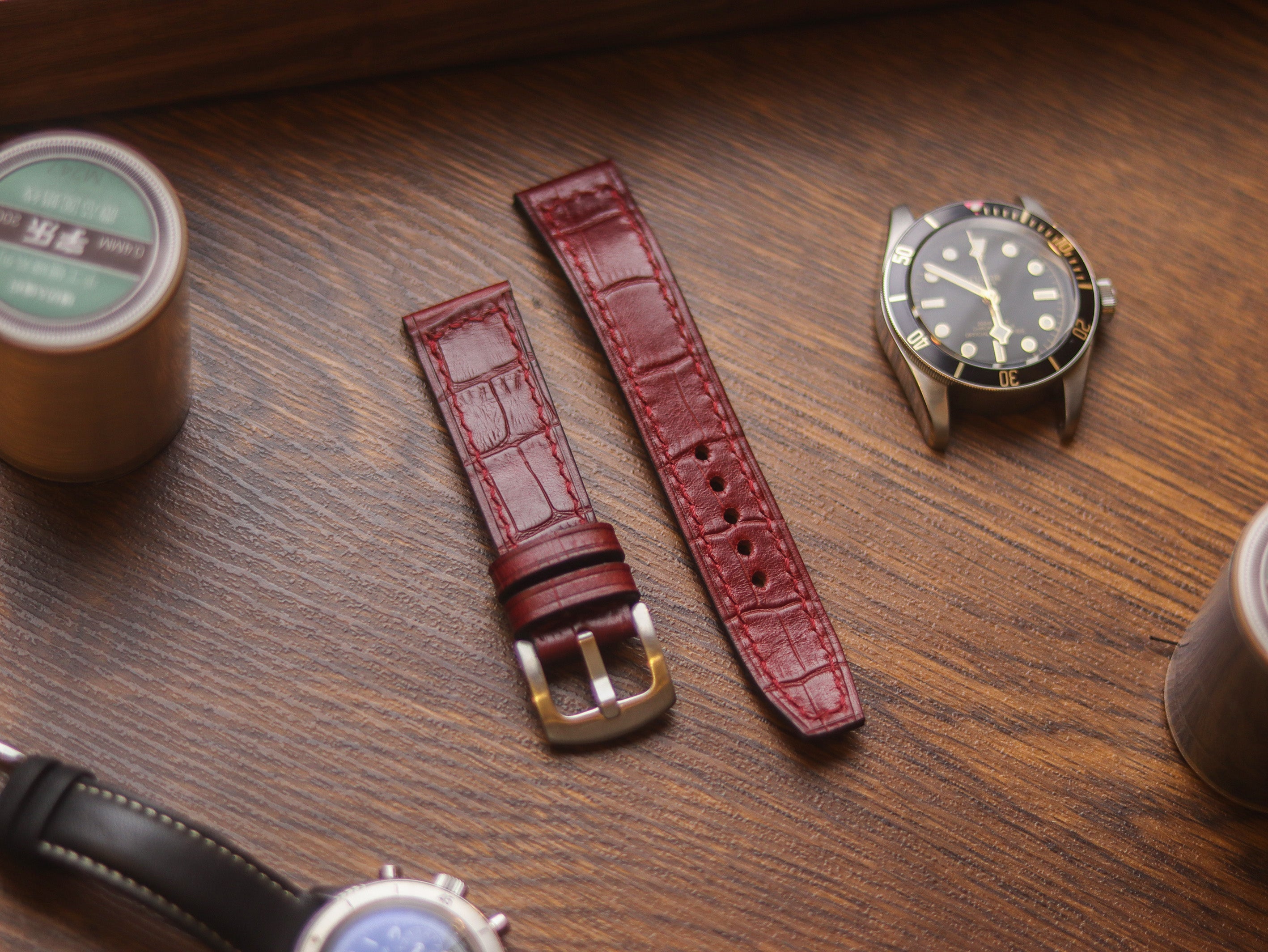 BURGUNDY CROCO HAND-CRAFTED WATCH STRAPS - BOX STITCHED U-TAIL