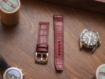 BURGUNDY CROCO HAND-CRAFTED WATCH STRAPS - BOX STITCHED U-TAIL