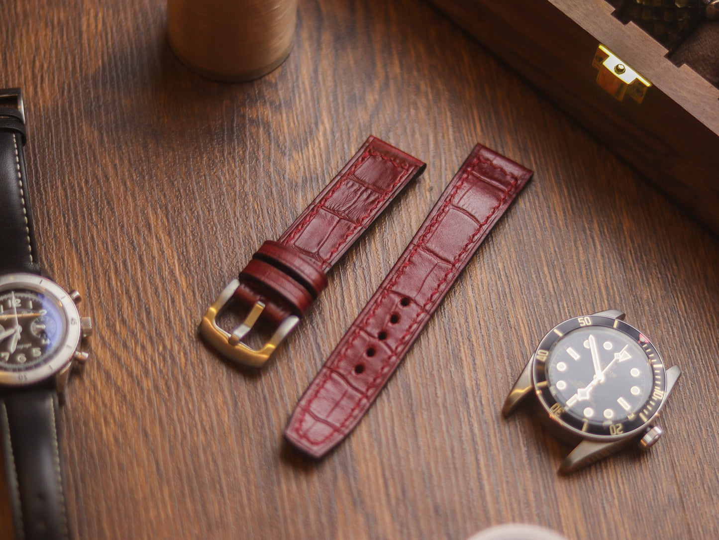BURGUNDY CROCO HAND-CRAFTED WATCH STRAPS - BOX STITCHED U-TAIL