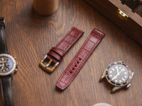 BURGUNDY CROCO HAND-CRAFTED WATCH STRAPS - BOX STITCHED U-TAIL