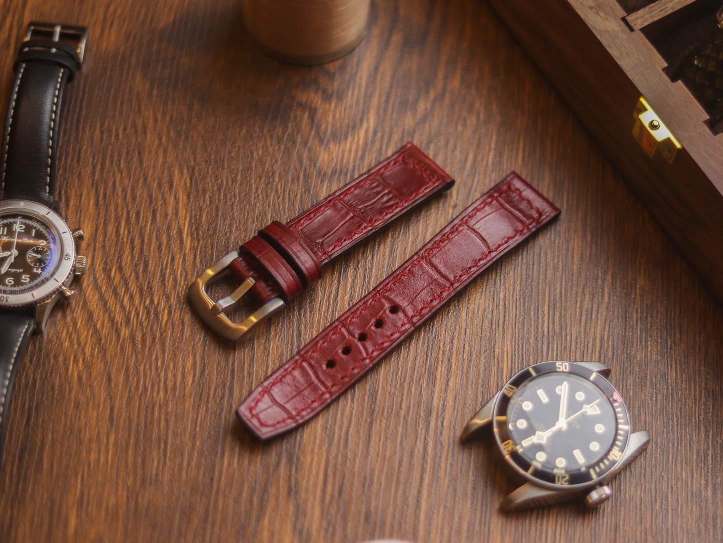 BURGUNDY CROCO HAND-CRAFTED WATCH STRAPS - BOX STITCHED U-TAIL