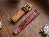 BURGUNDY CROCO HAND-CRAFTED WATCH STRAPS - BOX STITCHED U-TAIL