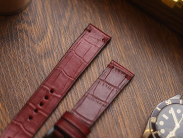 BURGUNDY CROCO HAND-CRAFTED WATCH STRAPS - MINIMAL STITCHED U-TAIL
