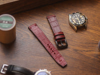 BURGUNDY CROCO HAND-CRAFTED WATCH STRAPS - MINIMAL STITCHED U-TAIL