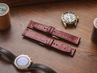 BURGUNDY CROCO HAND-CRAFTED WATCH STRAPS - MINIMAL STITCHED U-TAIL