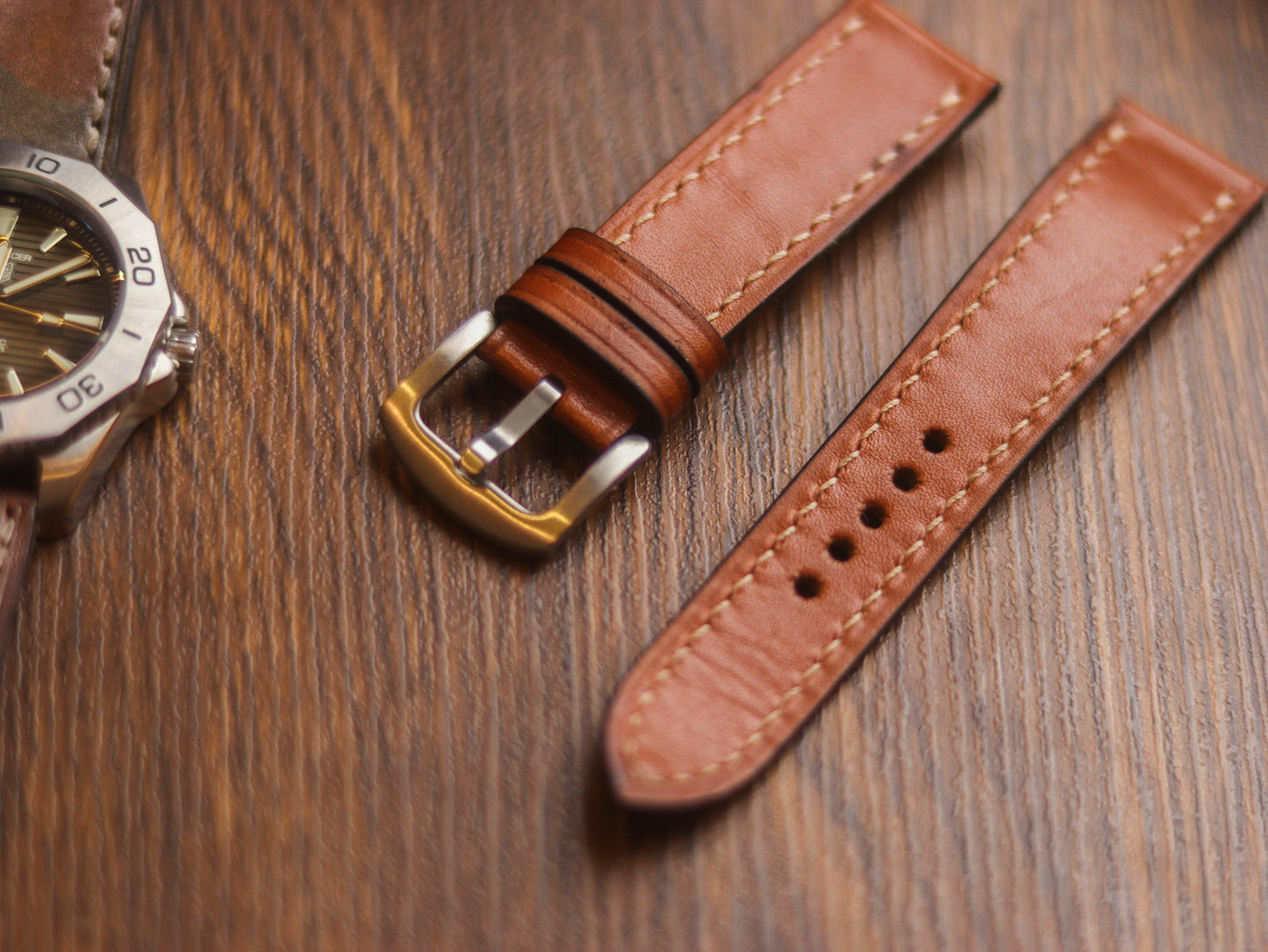 TAN BROWN HAND-CRAFTED WATCH STRAPS - FULL STITCHED