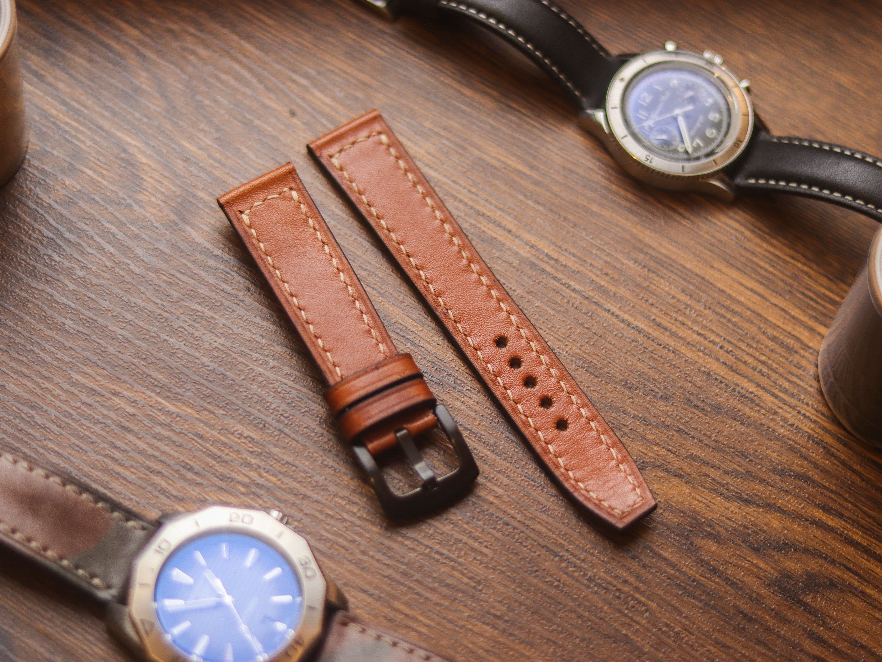 TAN BROWN HAND-CRAFTED WATCH STRAPS - BOX STITCHED U-TAIL