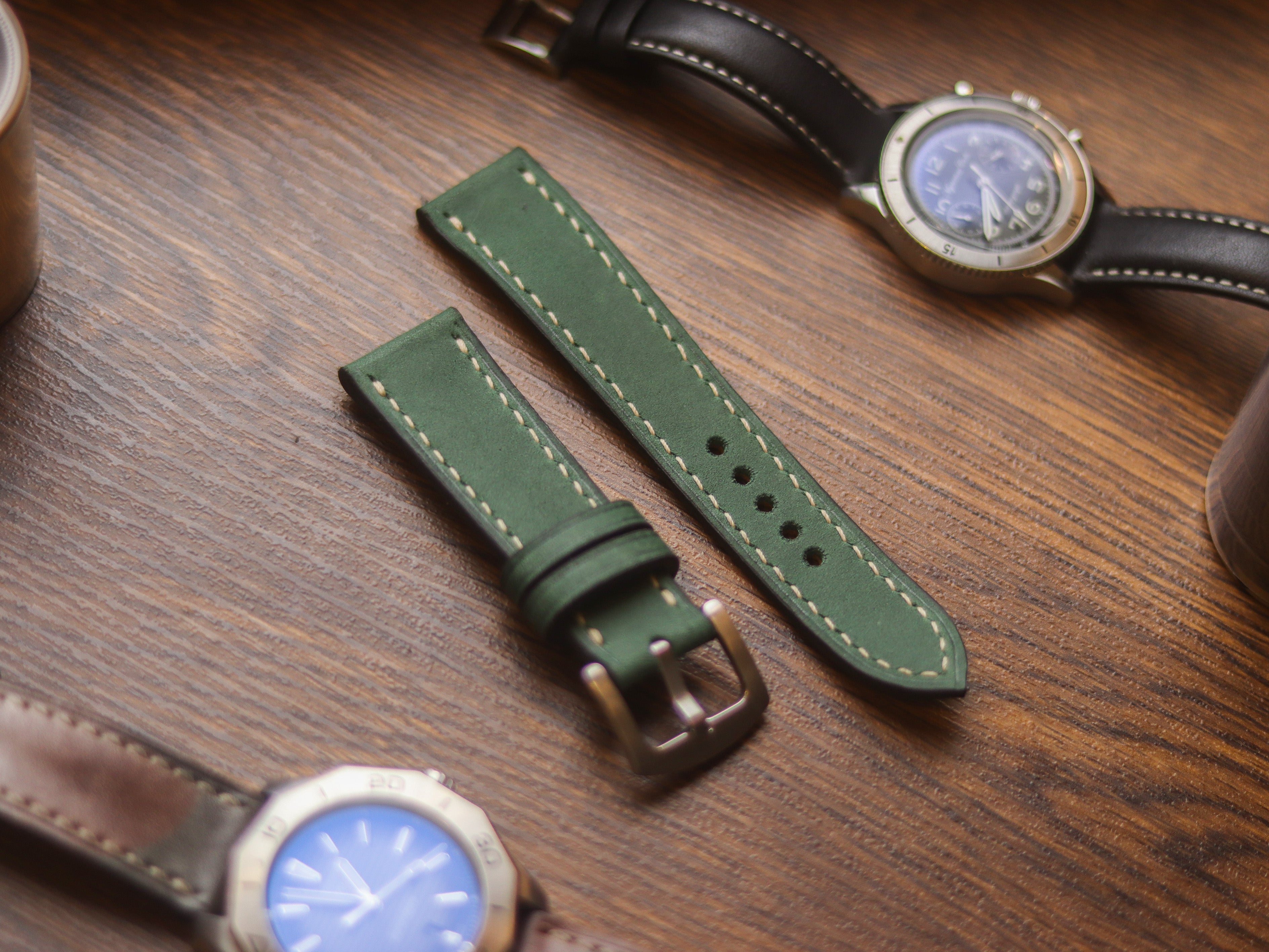 AVOCADO GREEN HAND-CRAFTED WATCH STRAPS - FULL STITCHED