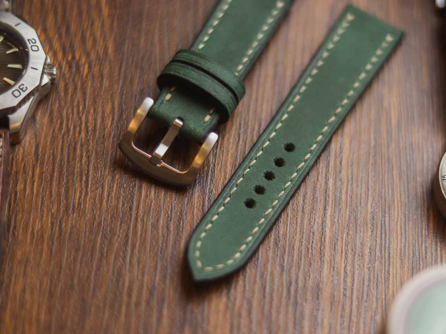 AVOCADO GREEN HAND-CRAFTED WATCH STRAPS - FULL STITCHED