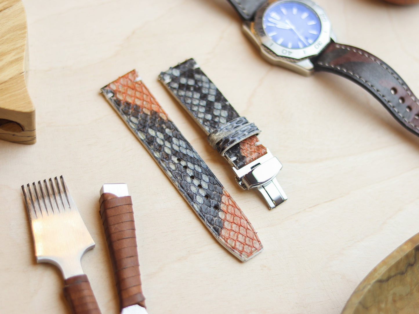 PYTHON SKIN WATCH STRAPS WITH BUTTERFLY CLASP - RAINBOW