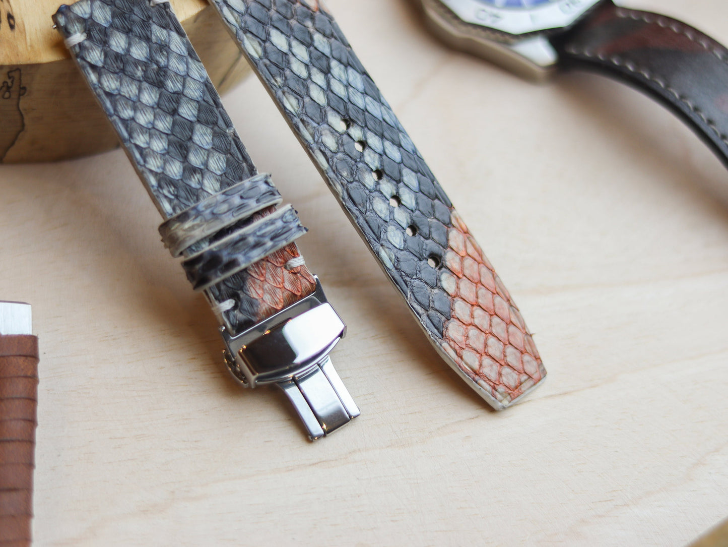 PYTHON SKIN WATCH STRAPS WITH BUTTERFLY CLASP - RAINBOW
