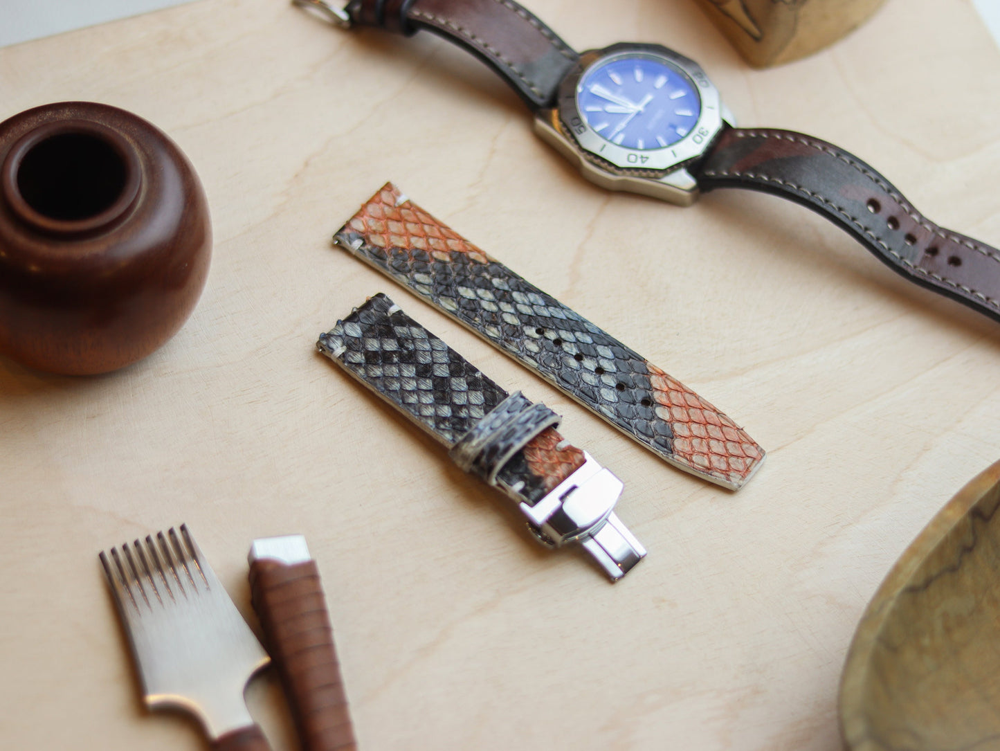 PYTHON SKIN WATCH STRAPS WITH BUTTERFLY CLASP - RAINBOW
