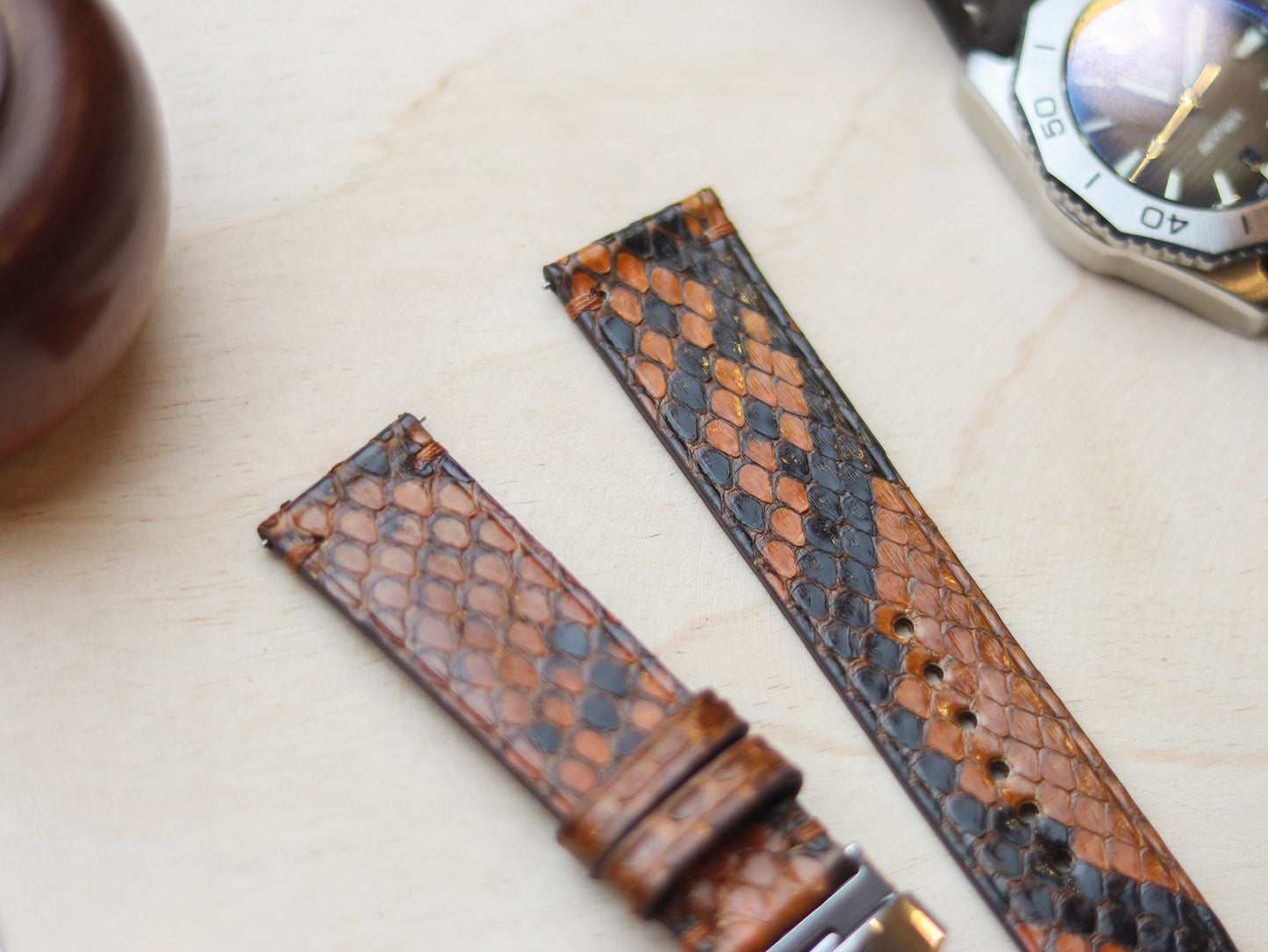 PYTHON SKIN WATCH STRAPS WITH BUTTERFLY CLASP - COPPER BROWN