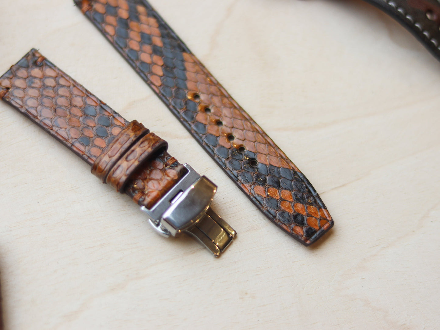 PYTHON SKIN WATCH STRAPS WITH BUTTERFLY CLASP - COPPER BROWN