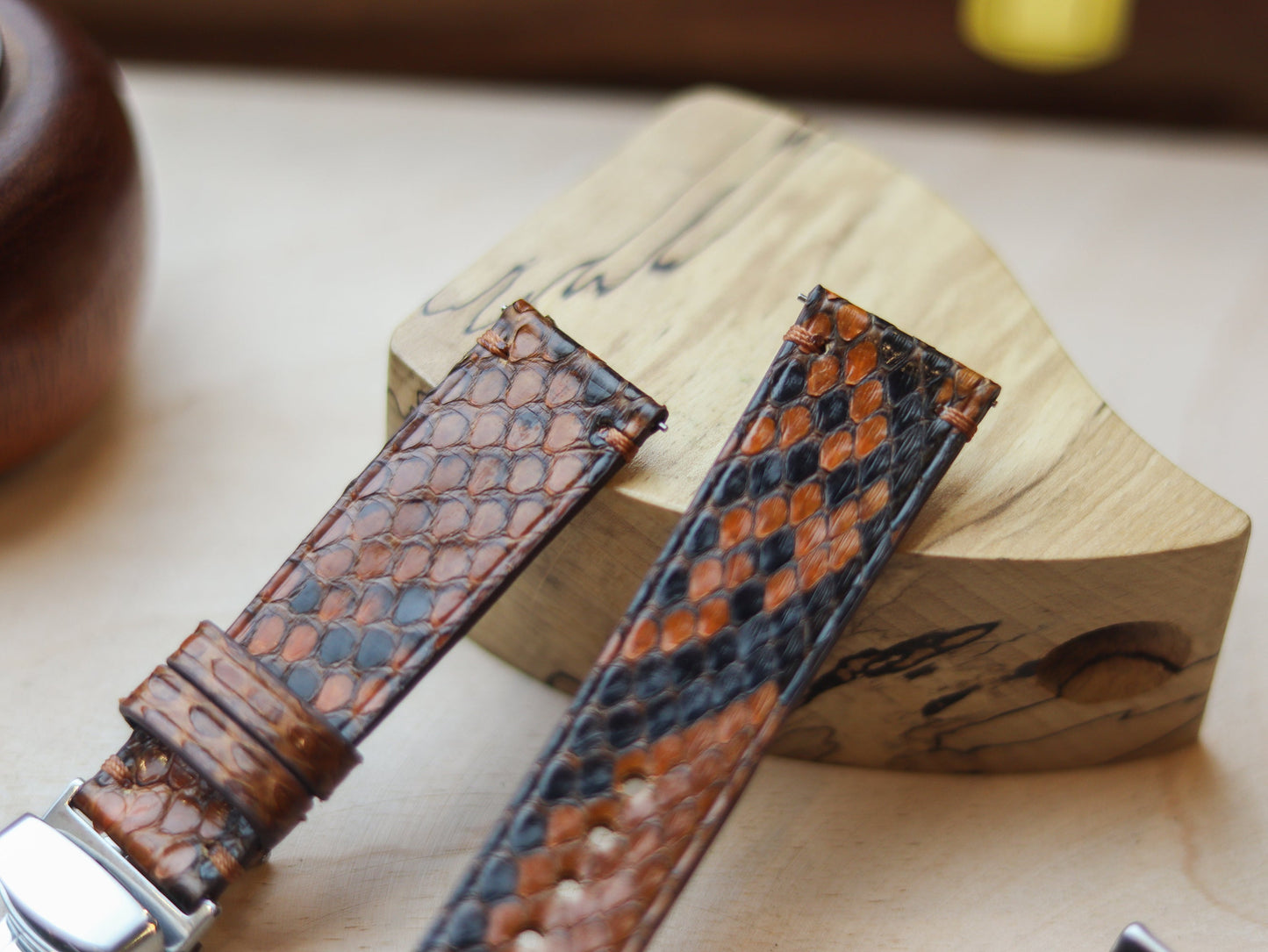 PYTHON SKIN WATCH STRAPS WITH BUTTERFLY CLASP - COPPER BROWN