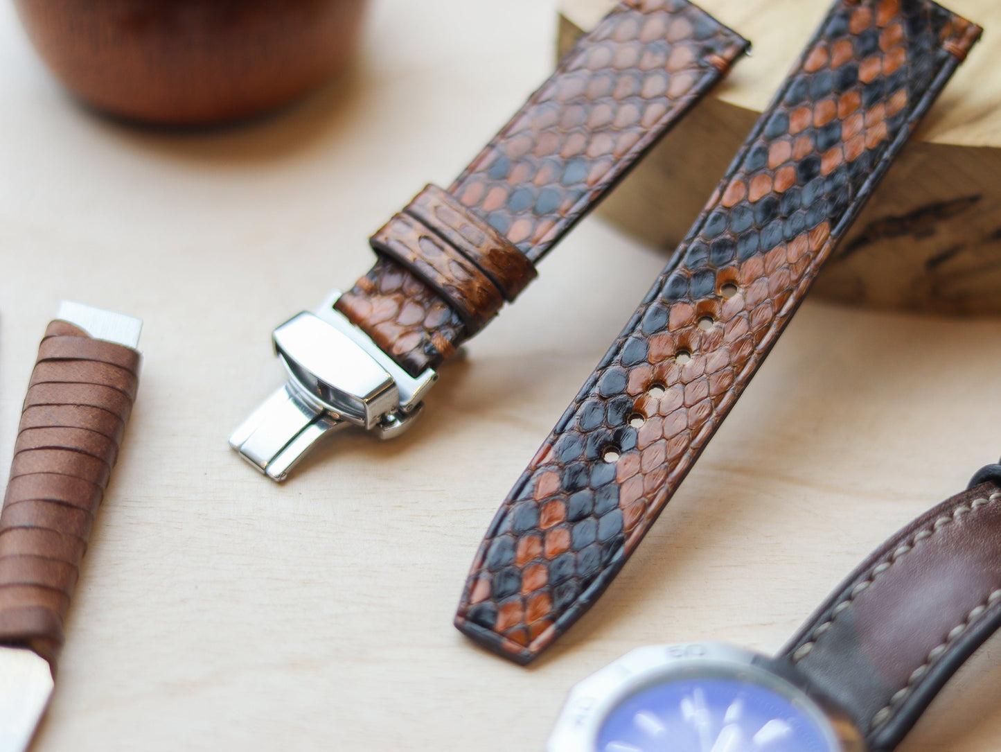 PYTHON SKIN WATCH STRAPS WITH BUTTERFLY CLASP - COPPER BROWN