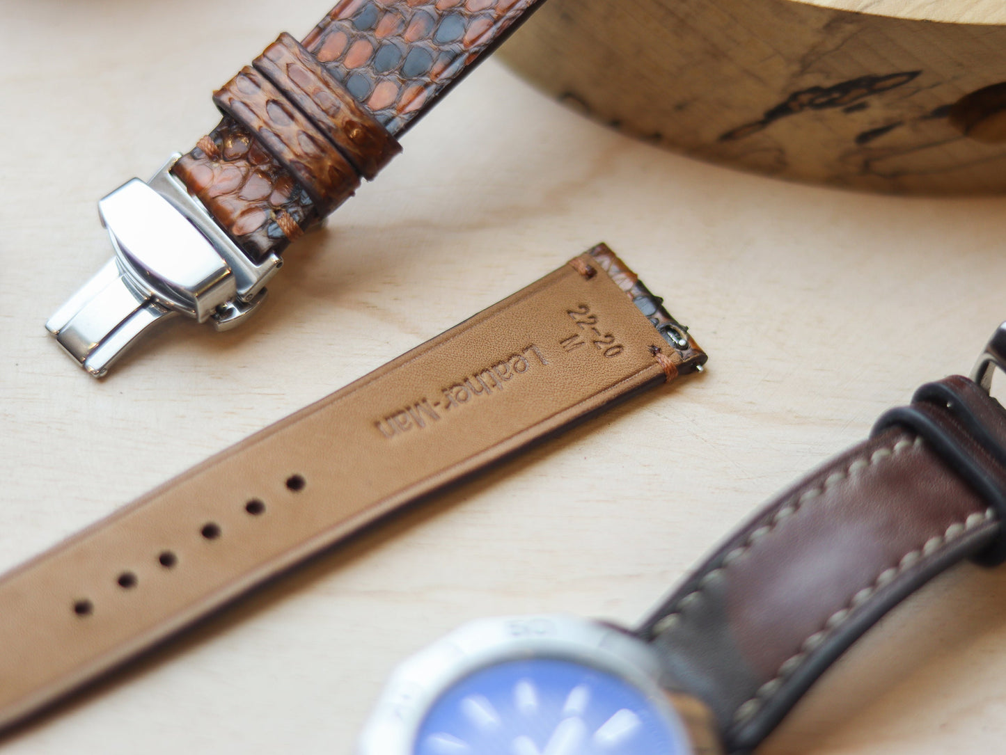 PYTHON SKIN WATCH STRAPS WITH BUTTERFLY CLASP - COPPER BROWN