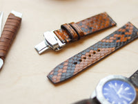 PYTHON SKIN WATCH STRAPS WITH BUTTERFLY CLASP - COPPER BROWN