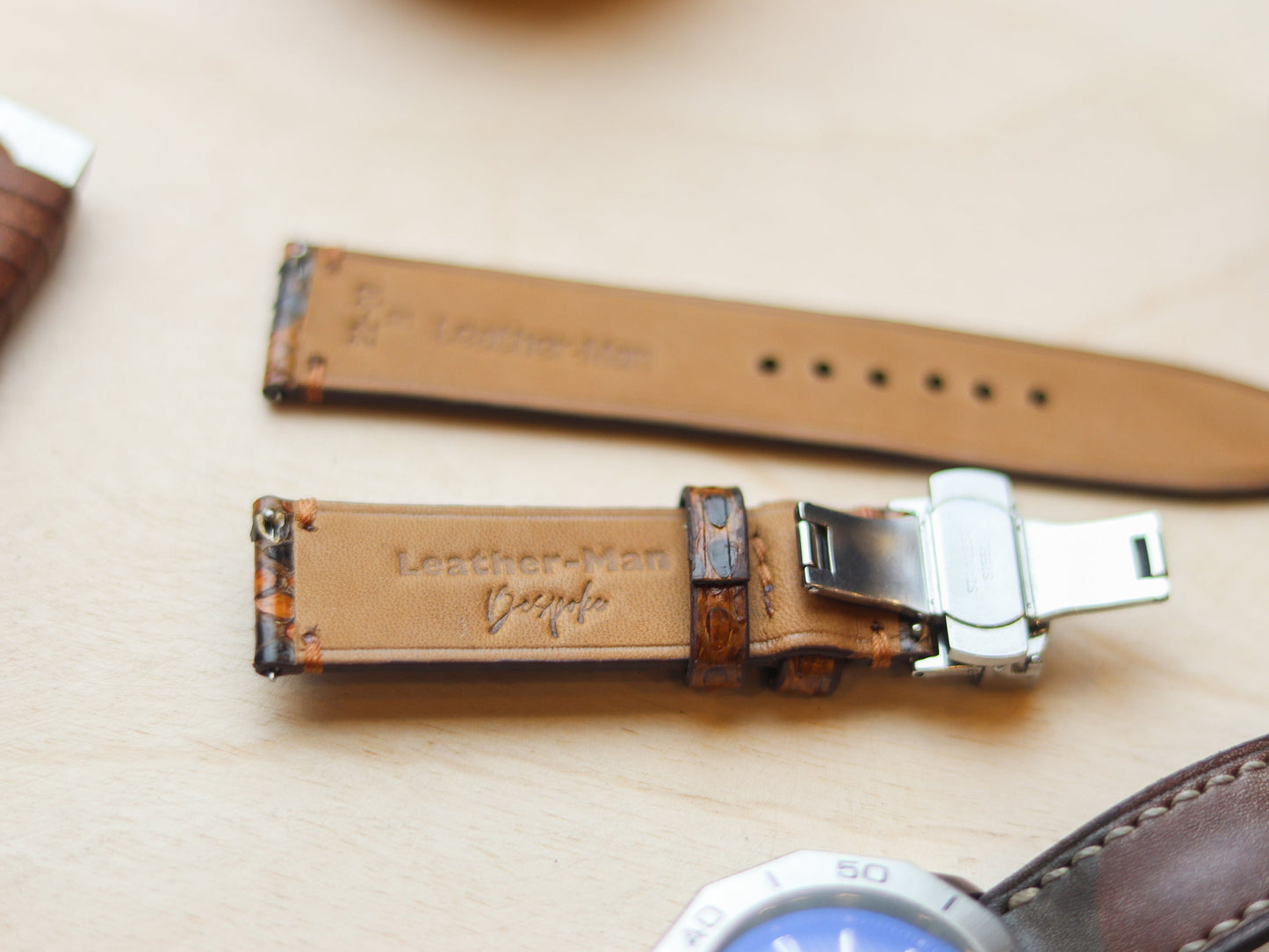PYTHON SKIN WATCH STRAPS WITH BUTTERFLY CLASP - COPPER BROWN