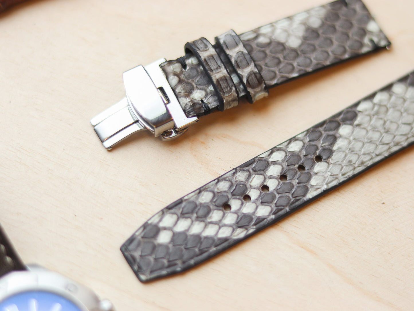 PYTHON SKIN WATCH STRAPS WITH BUTTERFLY CLASP - NATURAL