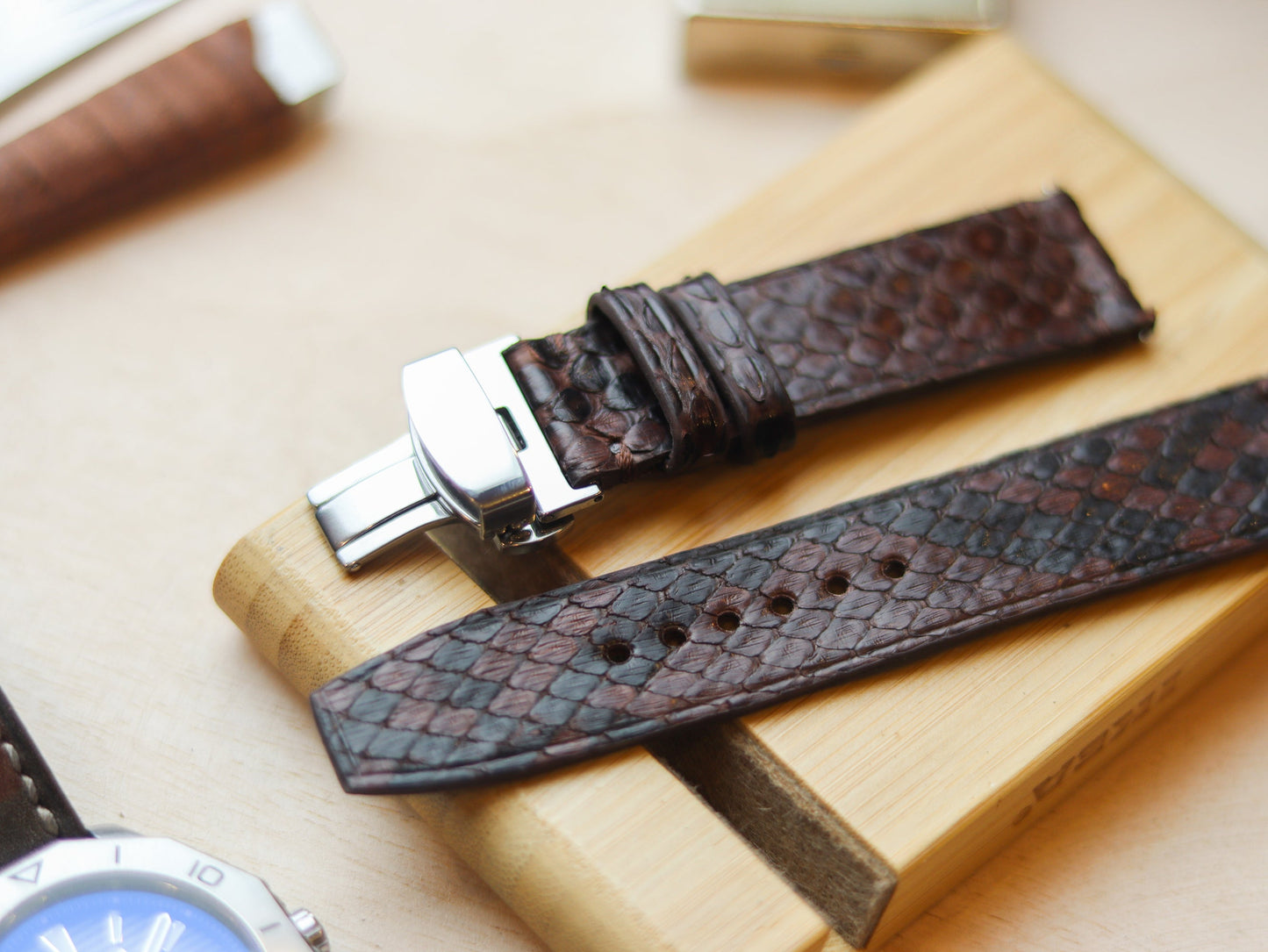 PYTHON SKIN WATCH STRAPS WITH BUTTERFLY CLASP - PECAN BROWN