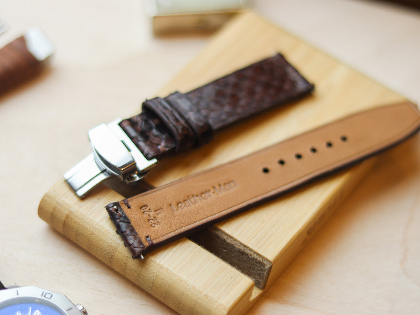 PYTHON SKIN WATCH STRAPS WITH BUTTERFLY CLASP - PECAN BROWN